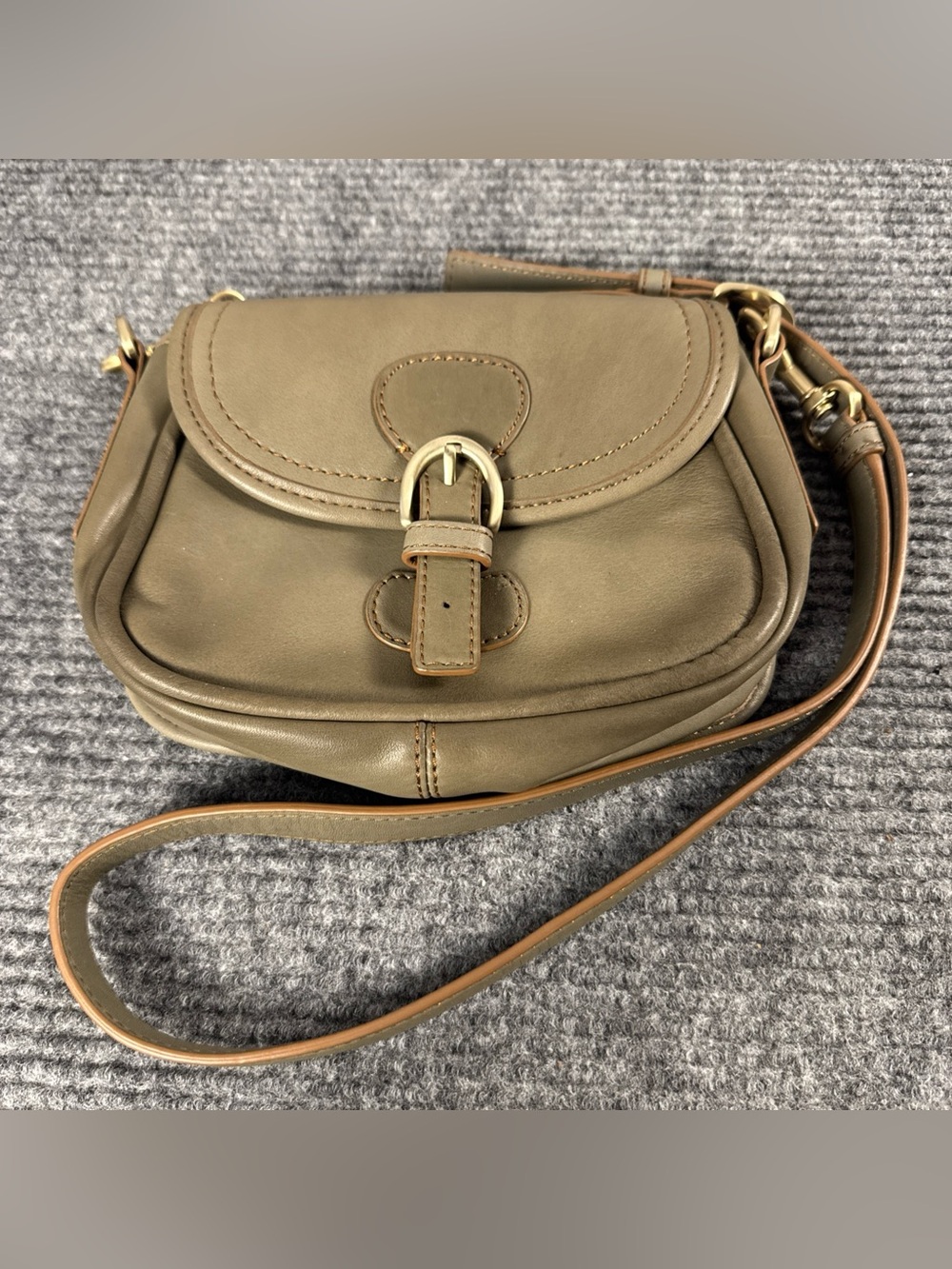 Talbots Leather Small Crossbody Saddle Bag Purse Olive Green Buckle Preppy